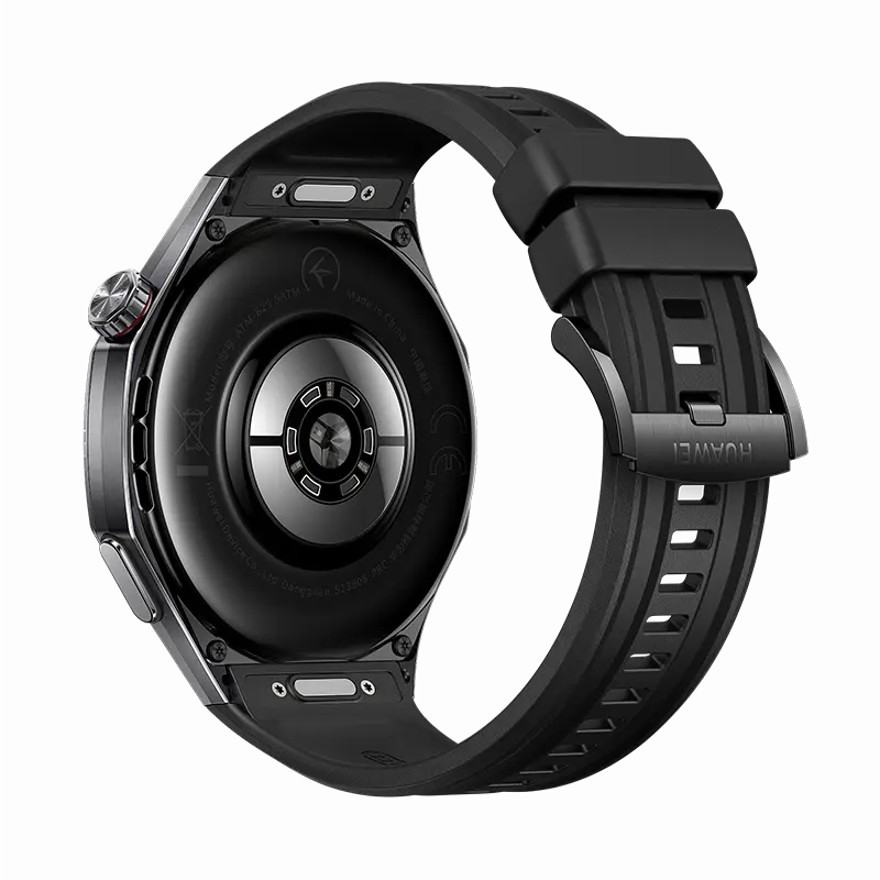 HUAWEI WATCH GT 6 Pro Black with black fluoroelastomer strap, back view showing the health sensors