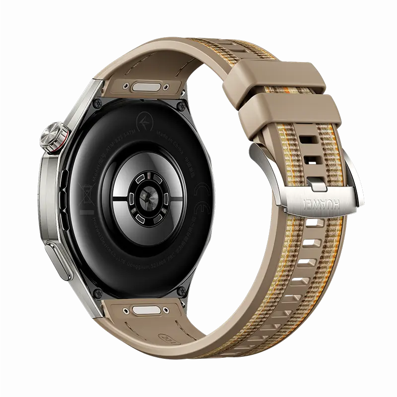 HUAWEI WATCH GT 6 Pro Brown with brown composite woven strap, back view showing the health sensors