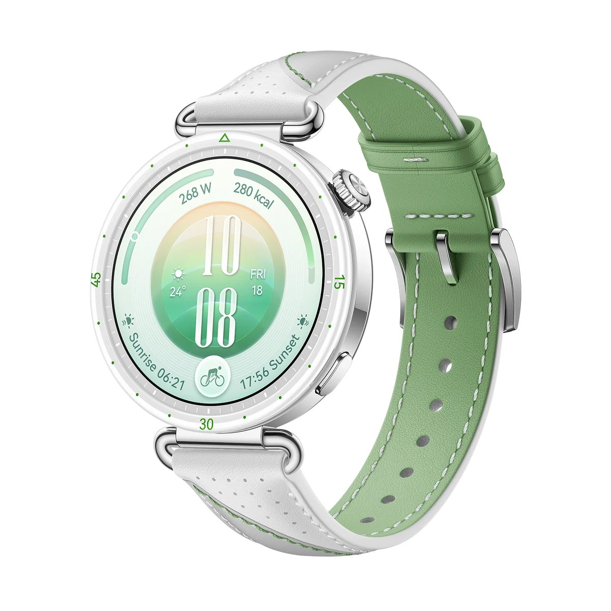 HUAWEI WATCH GT 7 41mm in White with the white and green composite leather strap, angled front view