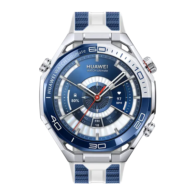HUAWEI WATCH Ultimate 2 Blue with the blue and white fluoroelastomer strap, front view