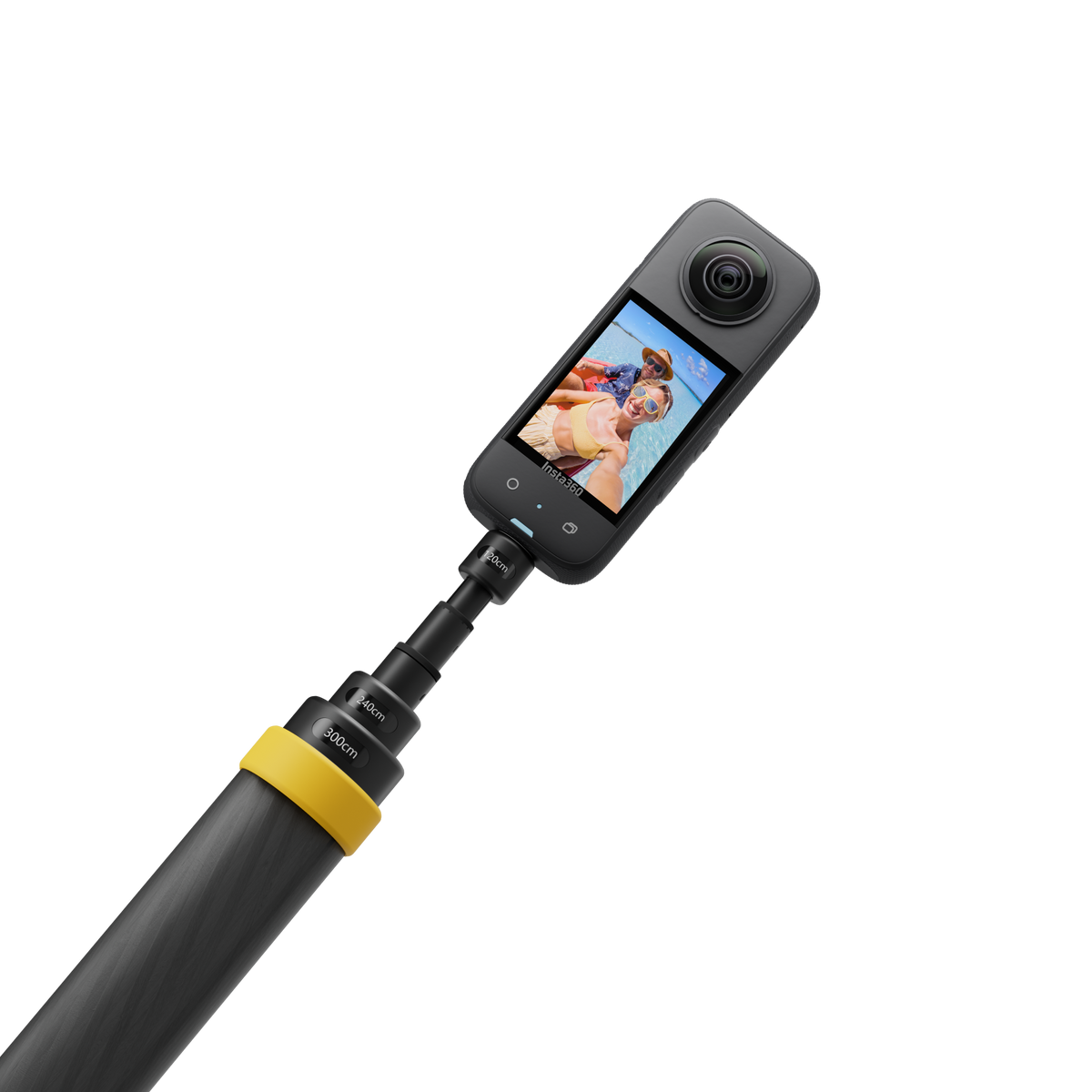 Insta360 Enhanced Extended Edition Selfie Stick with an Insta360 360 camera on the 1/4 inch mount