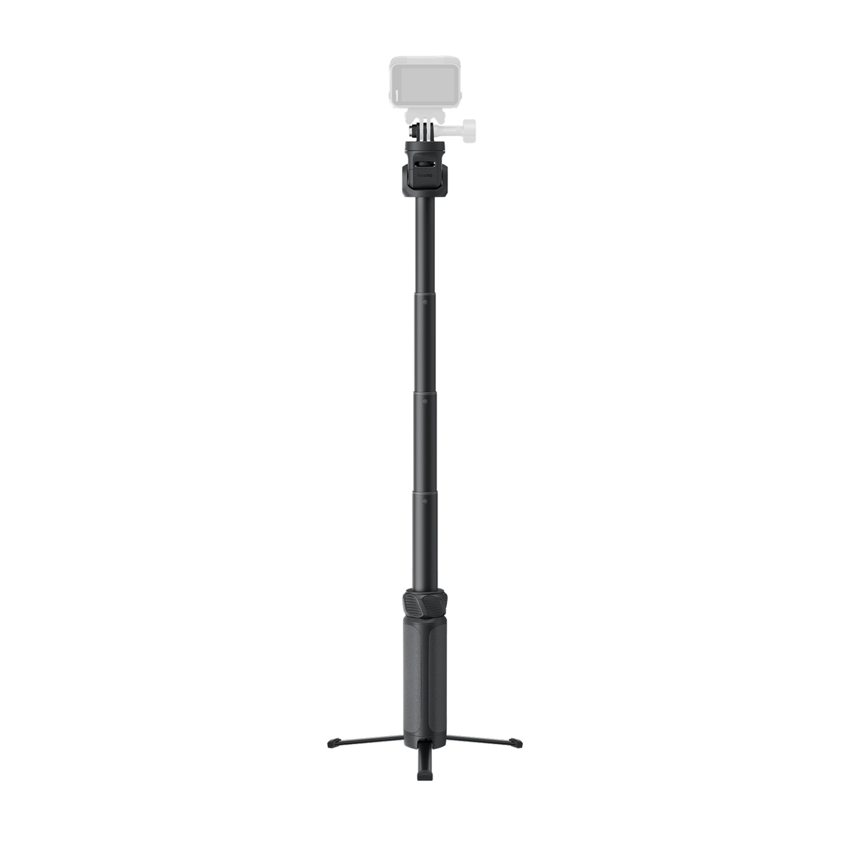 عصا Insta360 Spin Stick ممدودة في وضع الحامل الثلاثي مع كاميرا أكشن