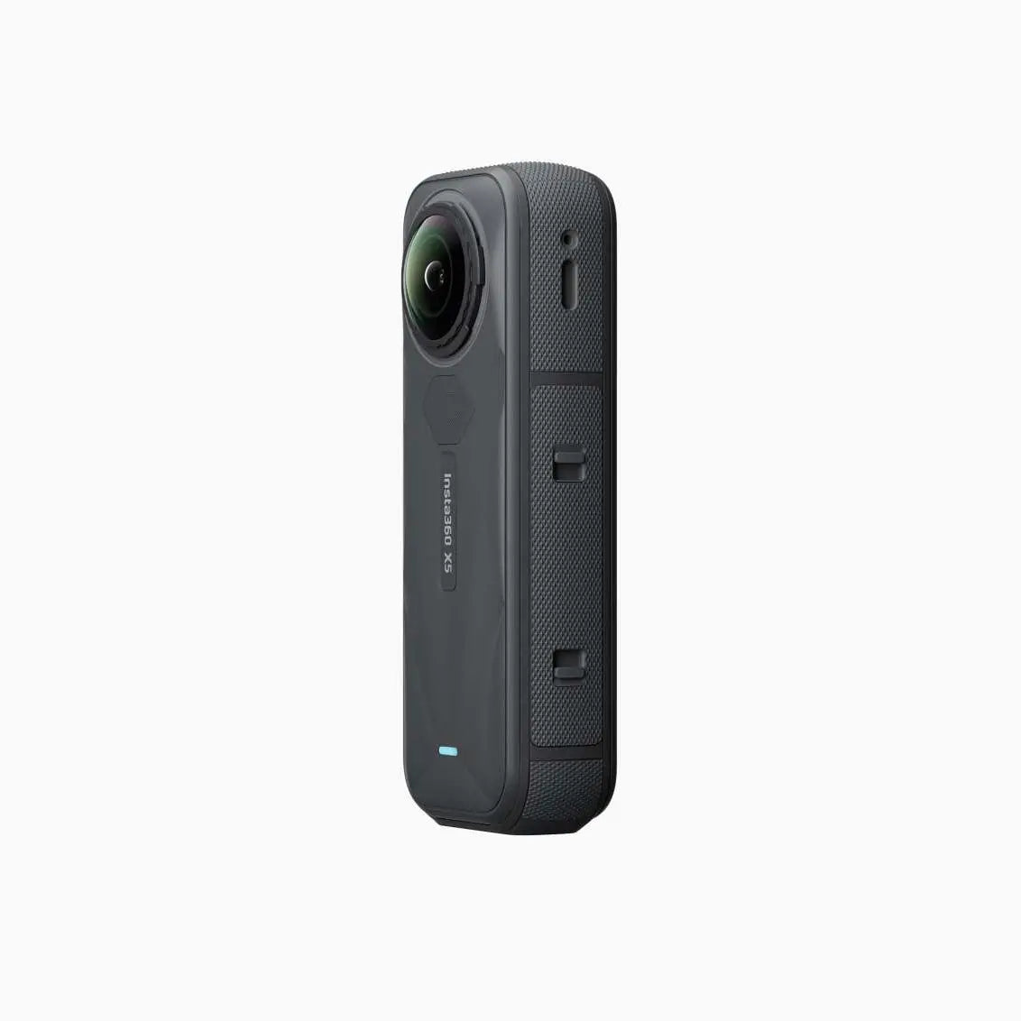 Insta360 X5 360 action camera in Midnight Black, angled back view showing the lens and replaceable lens ring