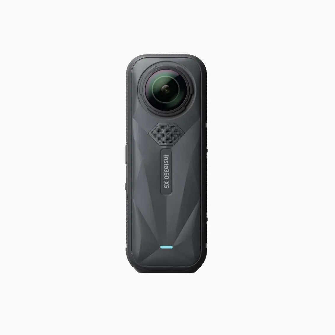 Insta360 X5 360 action camera in Midnight Black, back view showing the lens and body