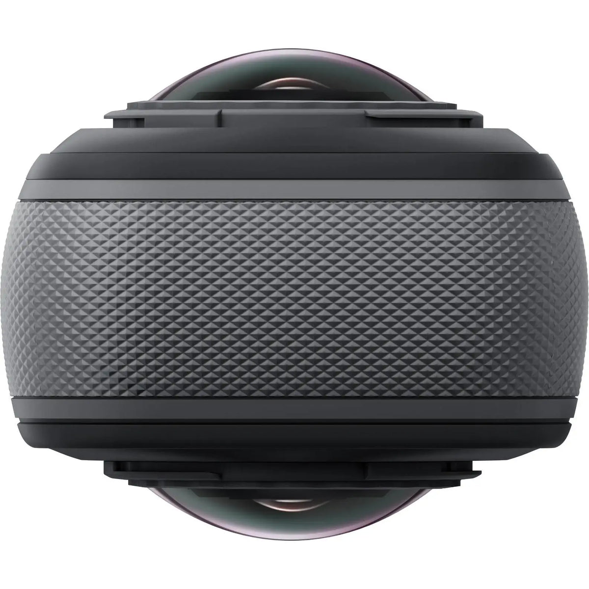 كاميرا Insta360 X5 أكشن 360 درجة باللون Midnight Black، منظر علوي يوضح شريط القبضة المحبّب والعدستين