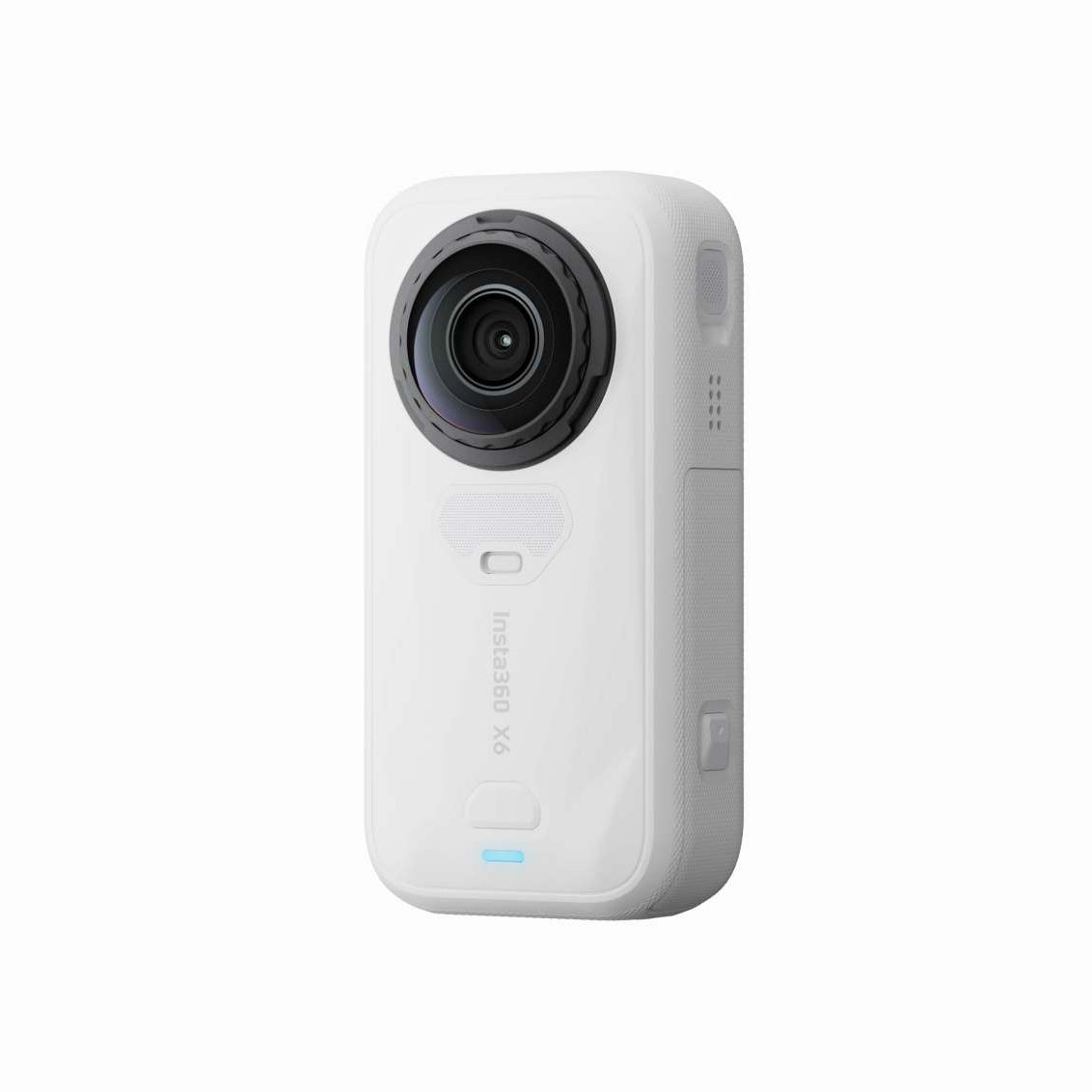 Insta360 X6 360 action camera in Arctic White, back view showing the lens and Insta360 X6 branding
