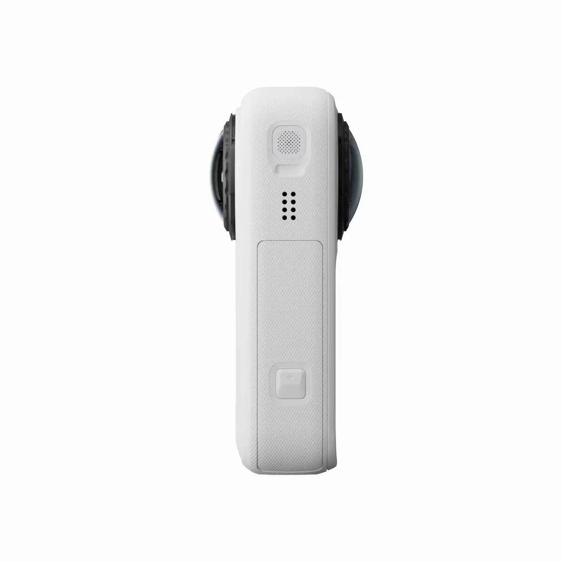 Insta360 X6 360 action camera in Arctic White, side view showing the battery and memory card door and microphone grille
