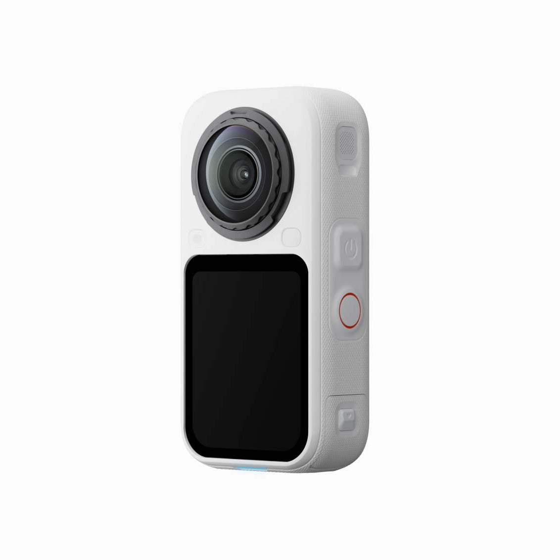 Insta360 X6 360 action camera in Arctic White, front view with the lens and OLED touchscreen