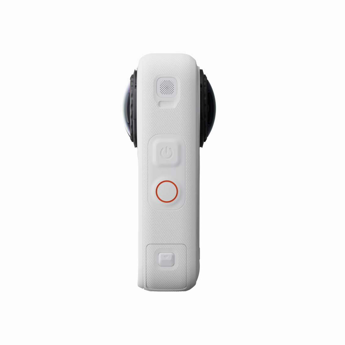 Insta360 X6 360 action camera in Arctic White, side view showing the power button and red shutter button
