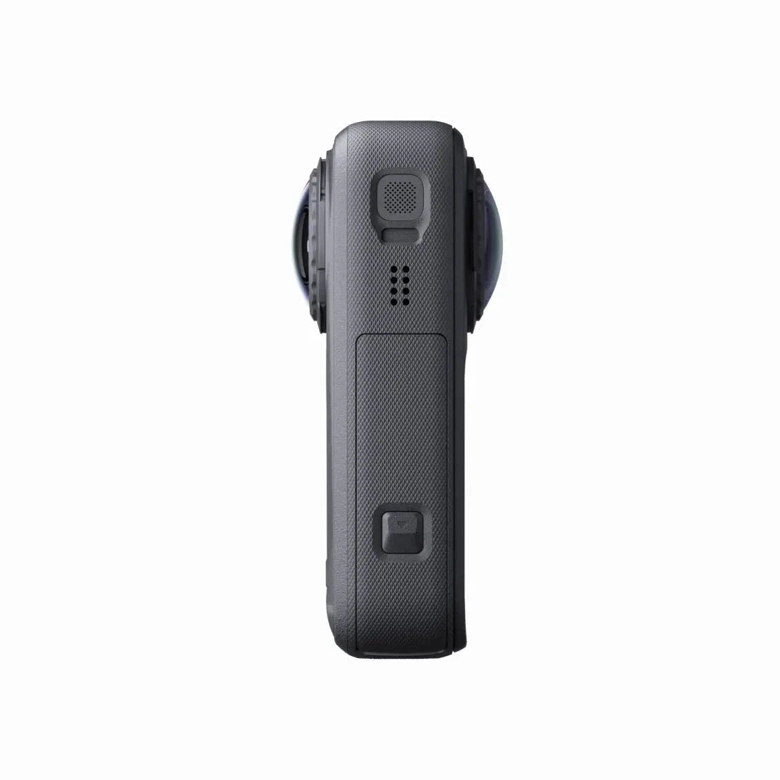Insta360 X6 360 action camera in Midnight Black, side view showing the battery and memory card door and microphone grille