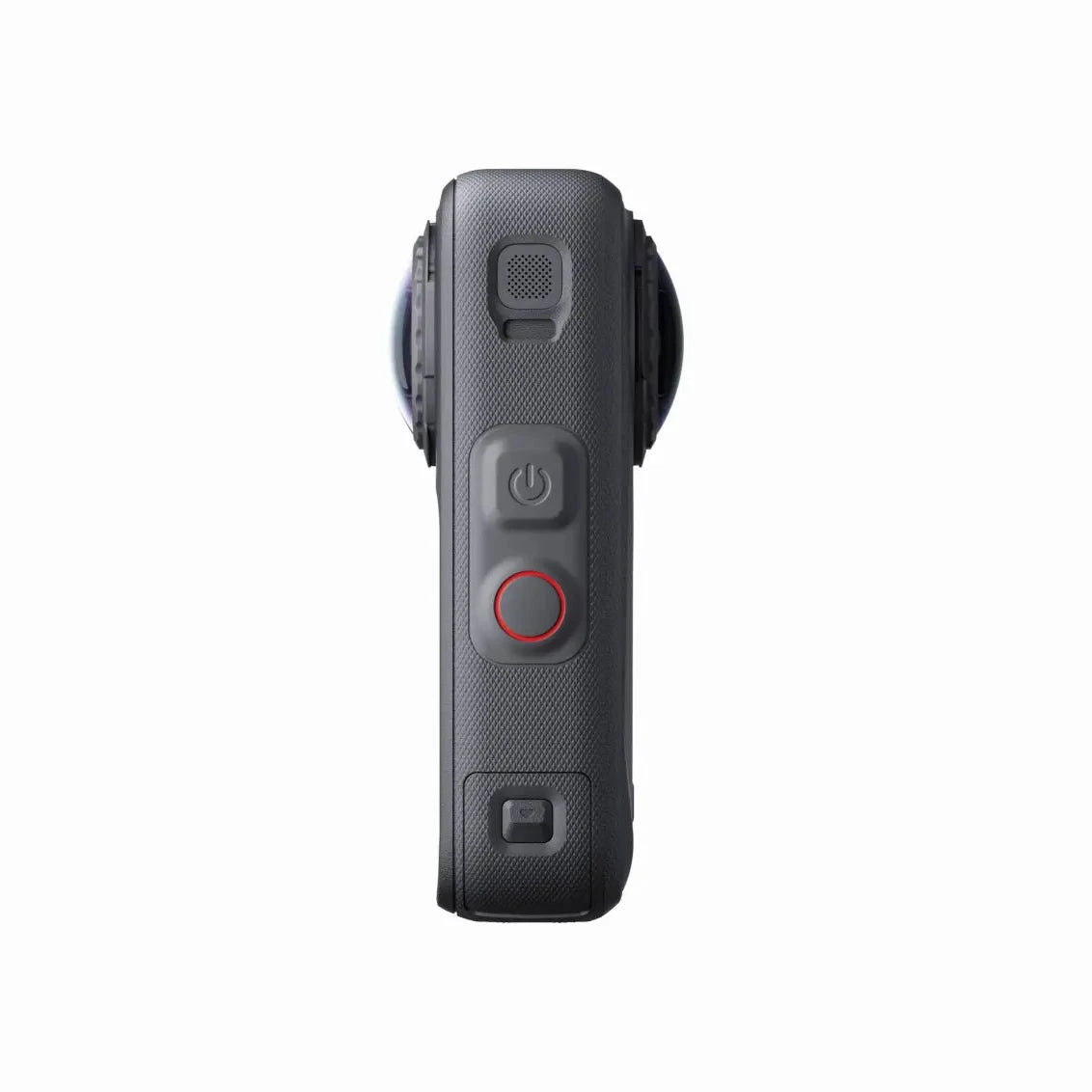 Insta360 X6 360 action camera in Midnight Black, side view showing the power button and red shutter button