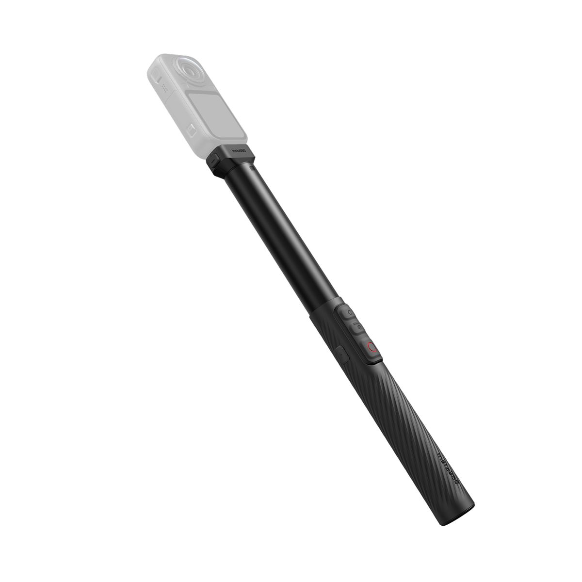 Insta360 X6 Power Selfie Stick at an angle with the Insta360 X6 mounted