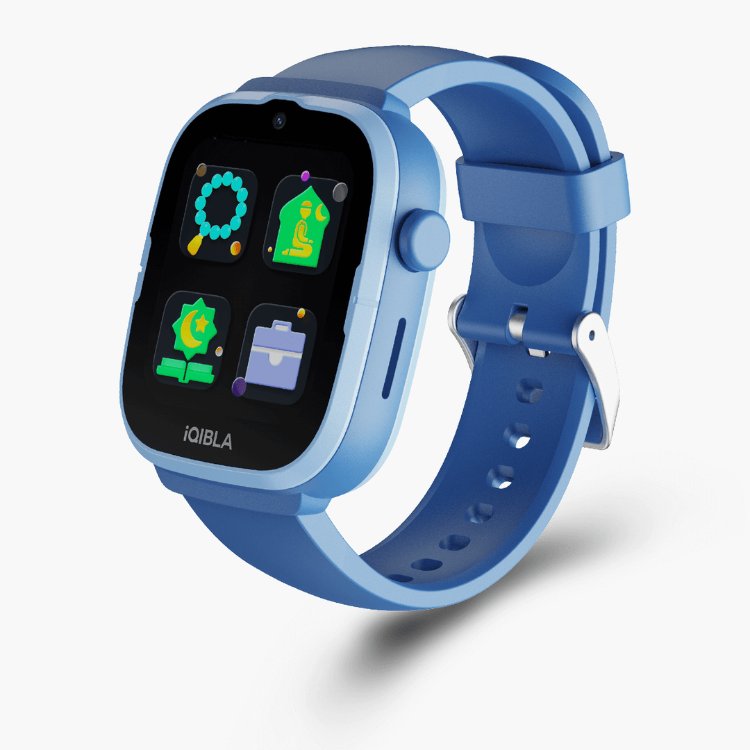 iQibla Qwatch A2 4G kids smart watch in Blue with Islamic app icons on screen