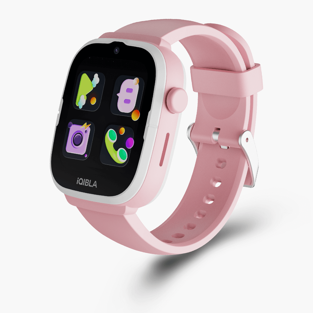 iQibla Qwatch A2 4G kids smart watch in Pink with the app menu on screen
