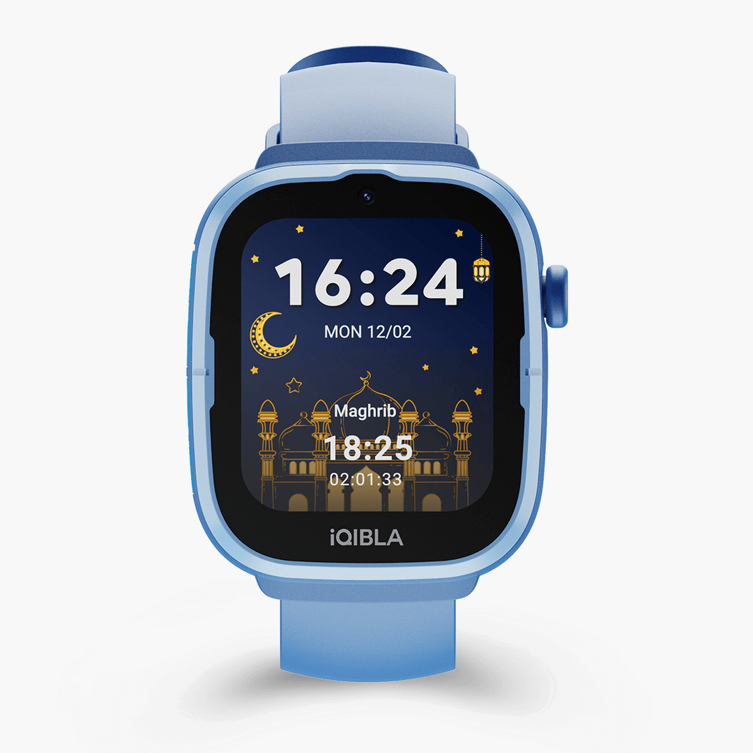 Front of the Blue iQibla Qwatch A2 showing the time and the Maghrib prayer time