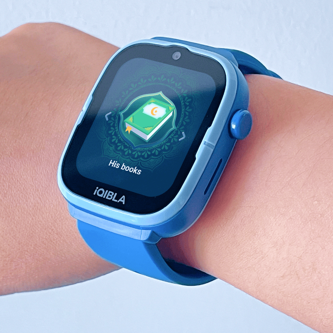 Blue iQibla Qwatch A2 on a wrist with an Islamic books screen