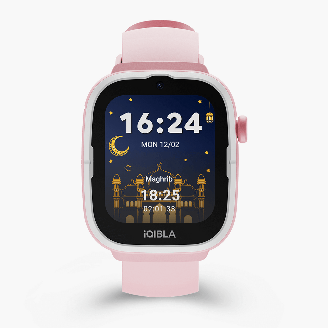 Front of the Pink iQibla Qwatch A2 showing the time and the Maghrib prayer time