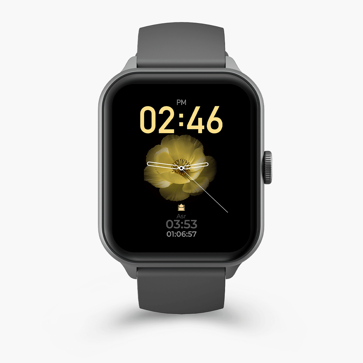 Front view of the iQibla Qwatch S6 in Black with the watch face on screen