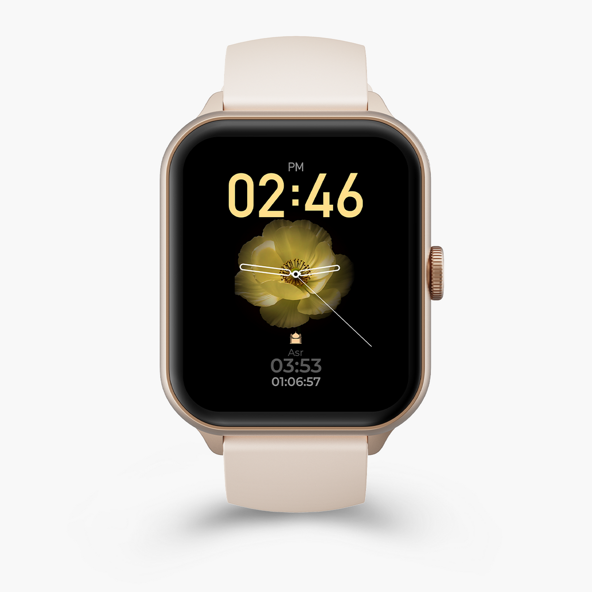 Front view of the iQibla Qwatch S6 in Rose Gold with the watch face on screen