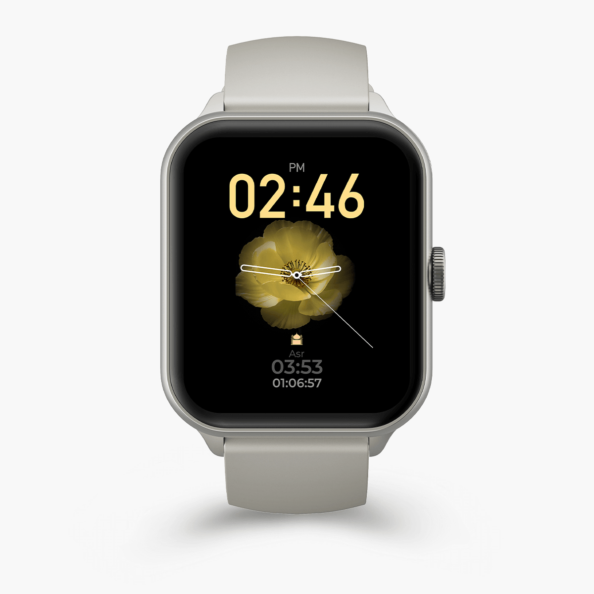 Front view of the iQibla Qwatch S6 in Titanium with the watch face on screen