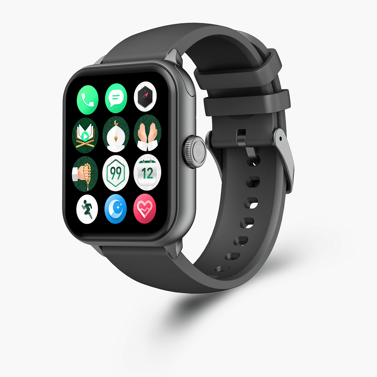 iQibla Qwatch S6 Islamic smart watch in Black with the app menu on screen