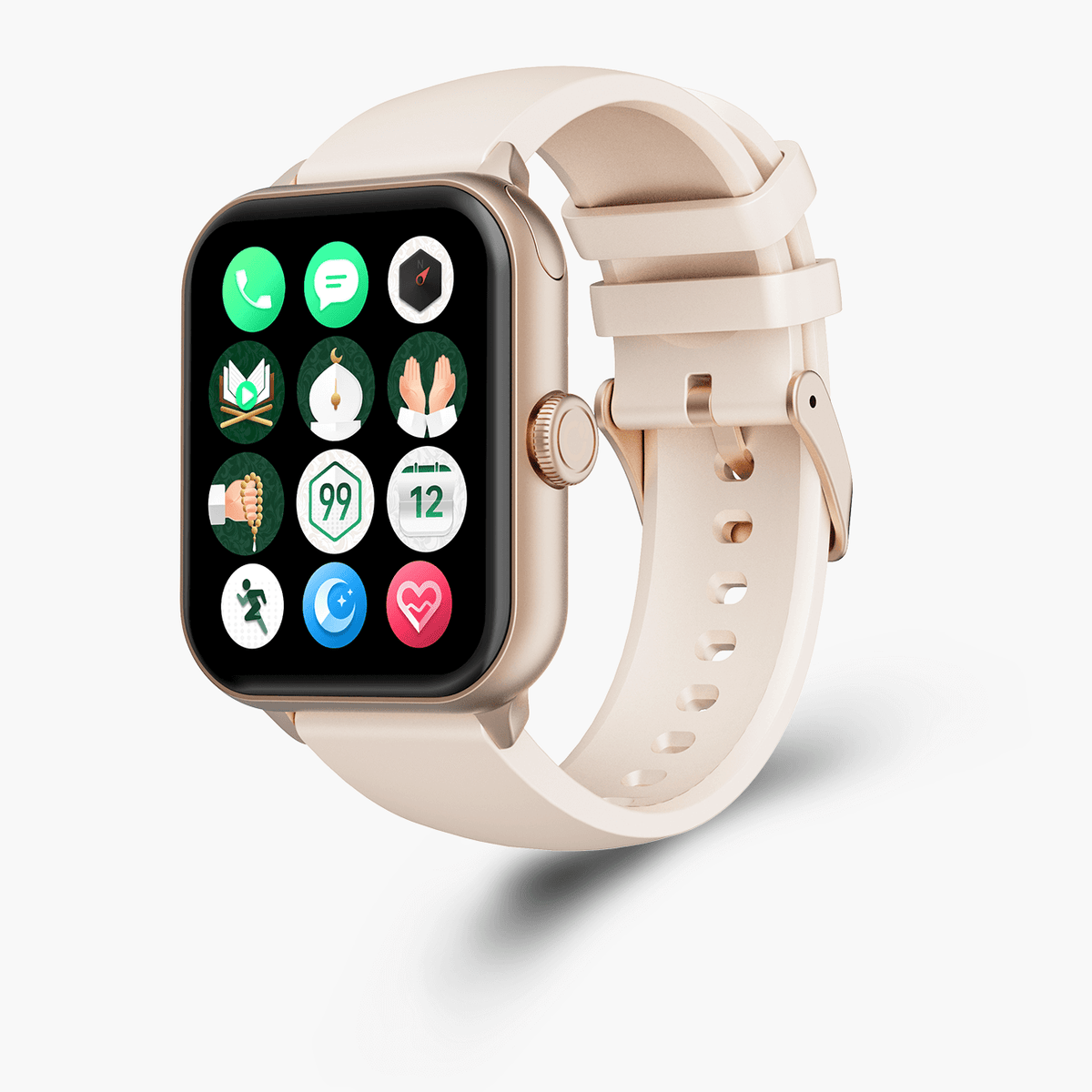 iQibla Qwatch S6 Islamic smart watch in Rose Gold with the app menu on screen