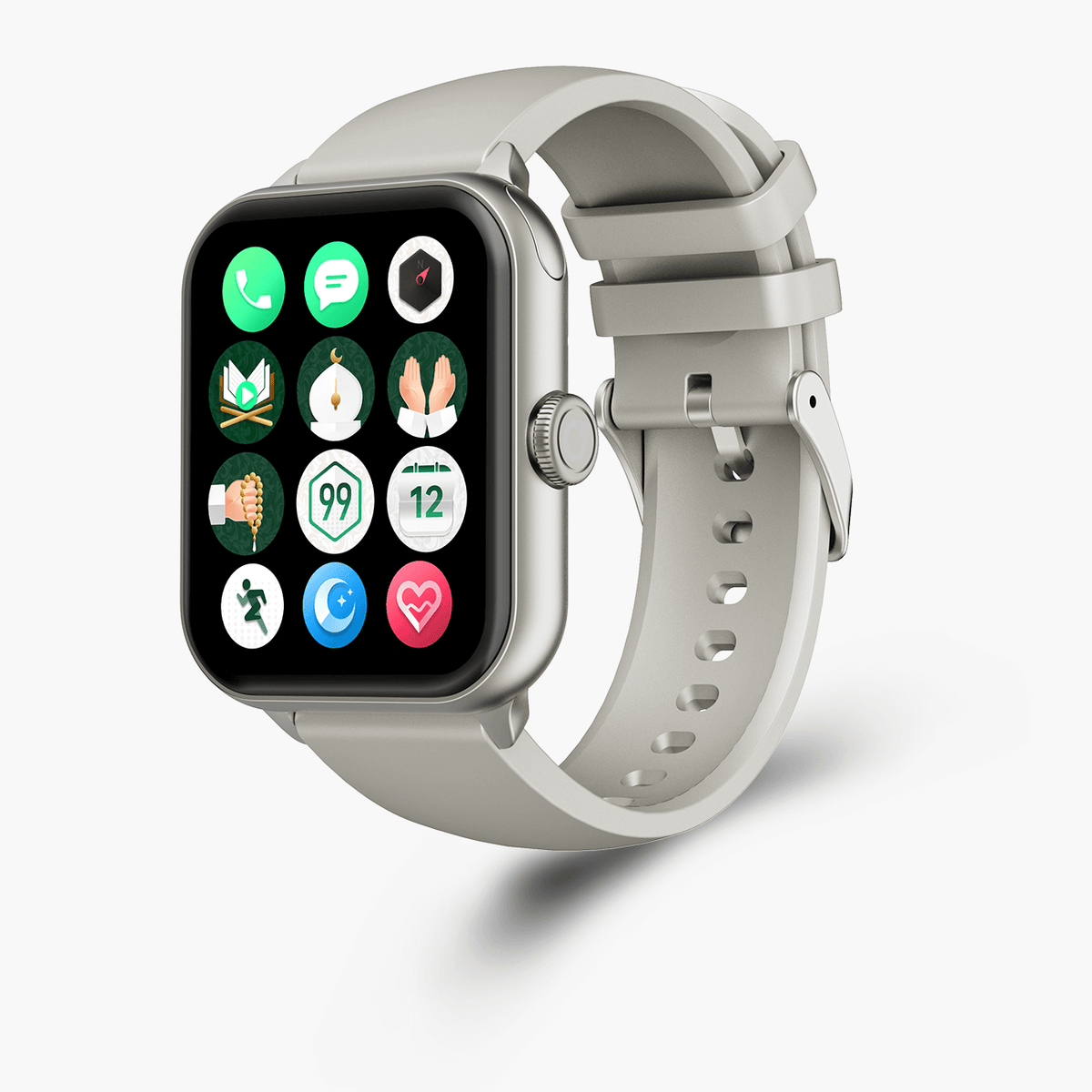 iQibla Qwatch S6 Islamic smart watch in Titanium with the app menu on screen