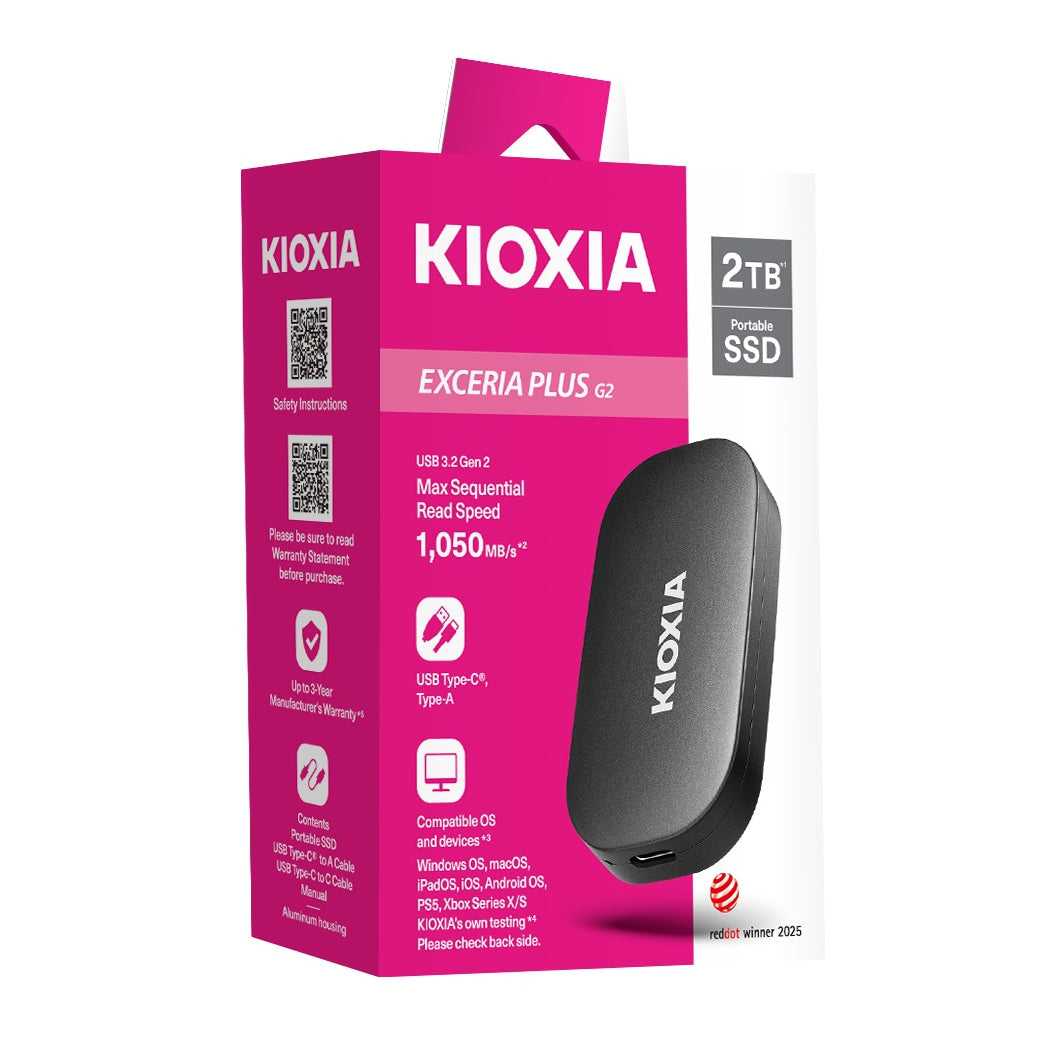 KIOXIA EXCERIA PLUS G2 Portable SSD next to its retail box (2TB box shown)