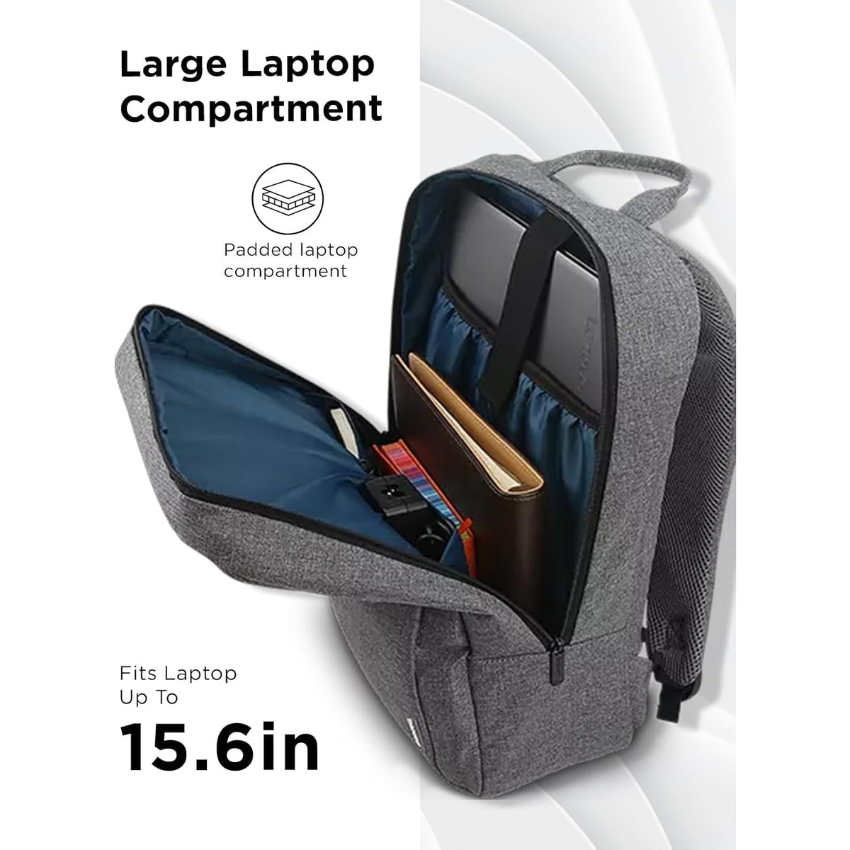 شنطة ظهر لينوفو B210 بلون Gray مع جيب اللابتوب المبطّن مفتوحًا