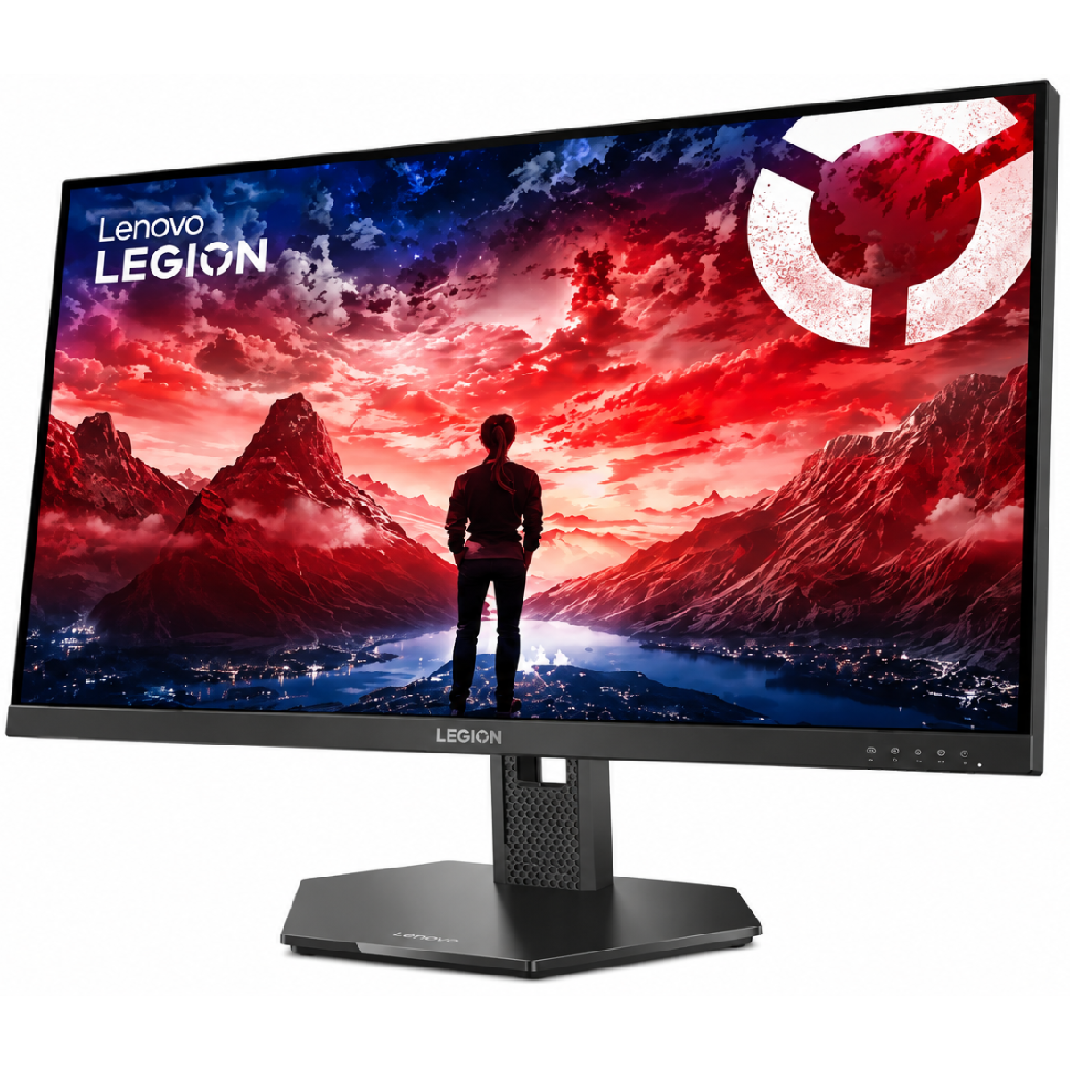 Lenovo Legion 27-10 gaming monitor seen from the front on its stand