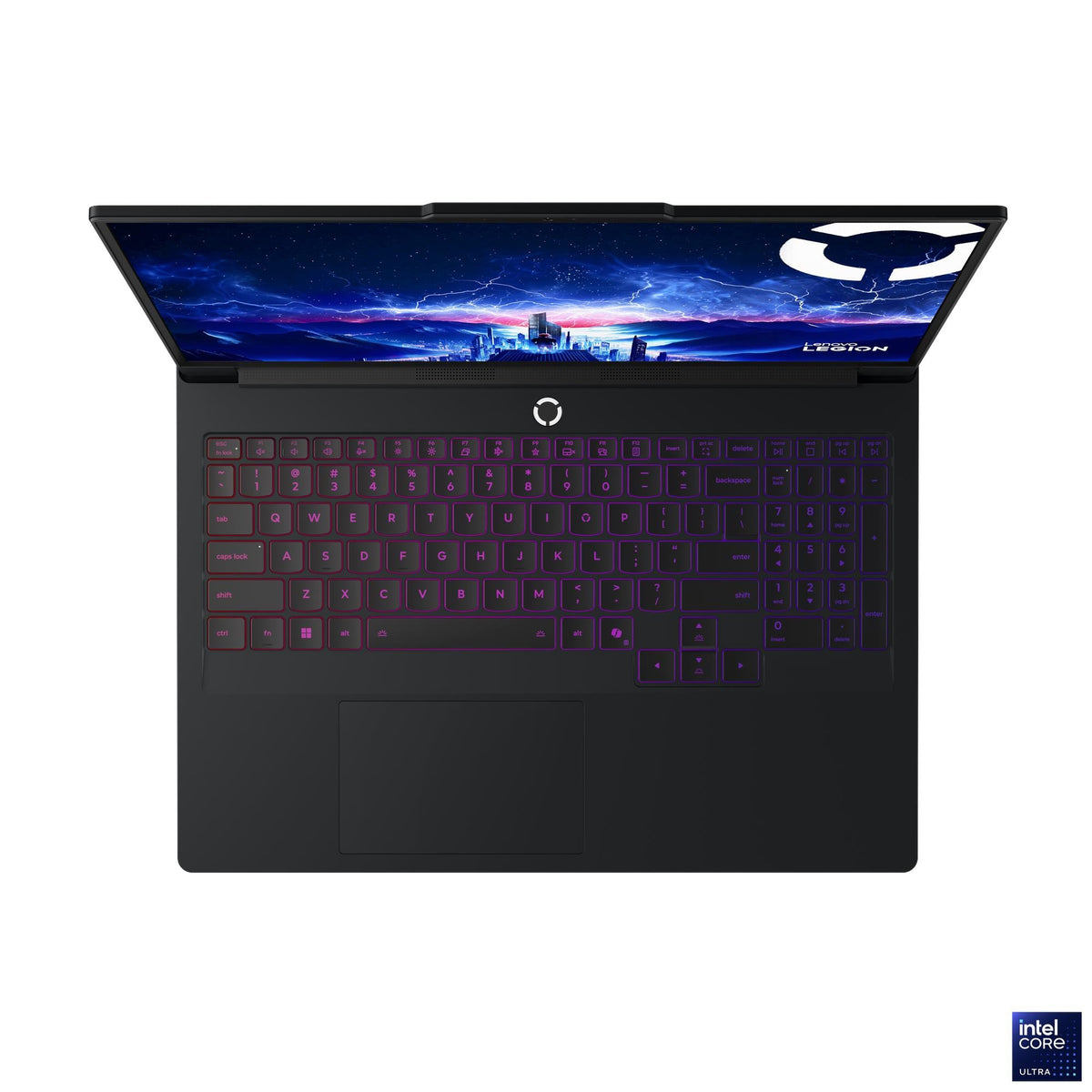 لابتوب لينوفو ليجن برو 7 16IAX10H من أعلى يُظهر لوحة المفاتيح بإضاءة RGB ولوحة اللمس