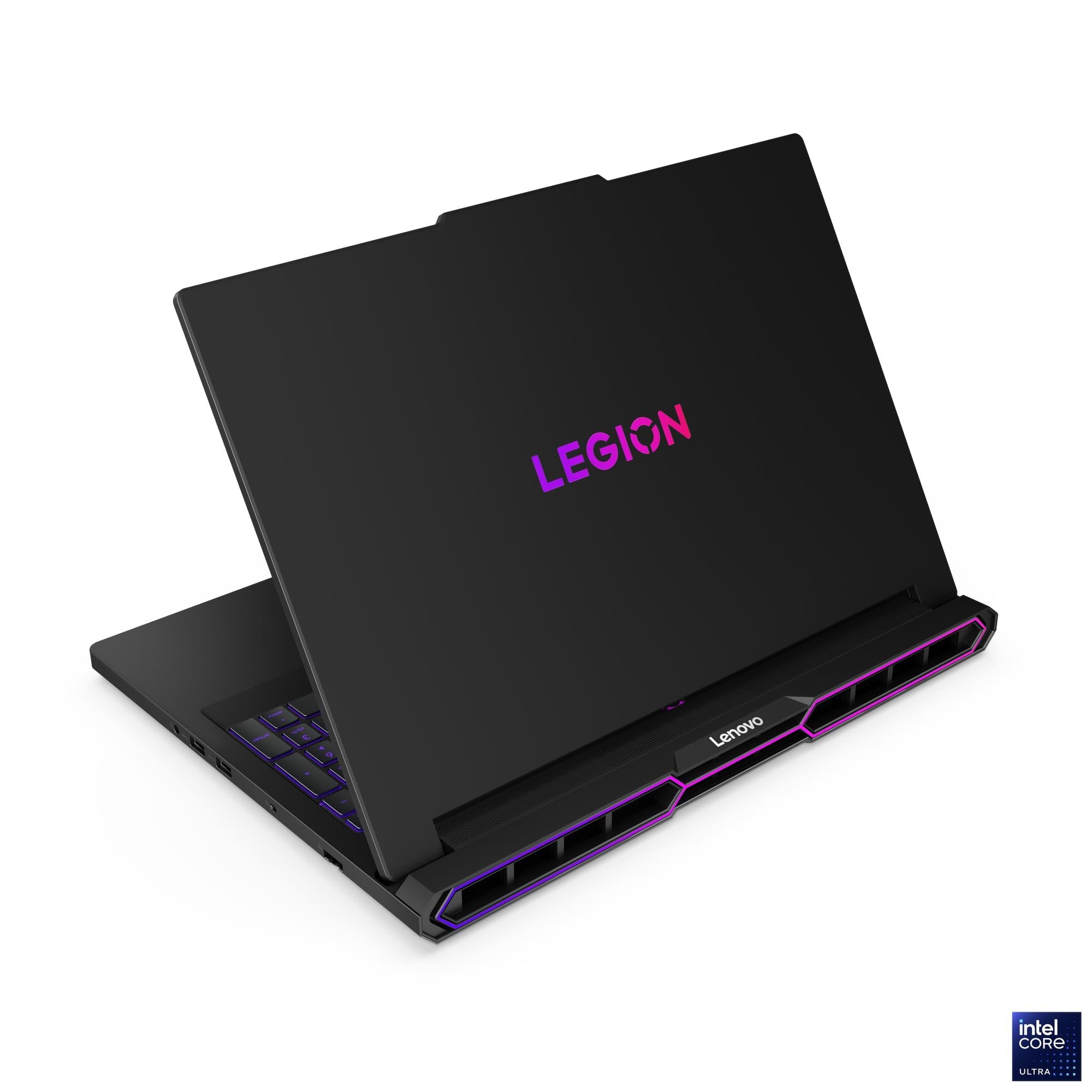 LENOVO Legion Pro 7 16IAX10H seen from behind with the lid raised, showing the Legion logo and the lit rear vents