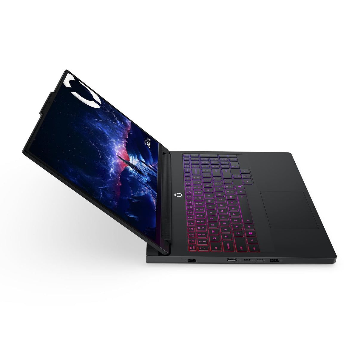 LENOVO Legion Pro 7 16IAX10H open and seen from the side, showing the side ports and the keyboard