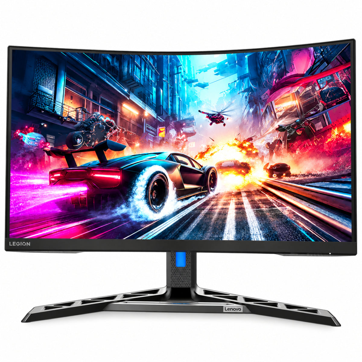 Lenovo Legion R32qc-30 curved gaming monitor seen at an angle from the front