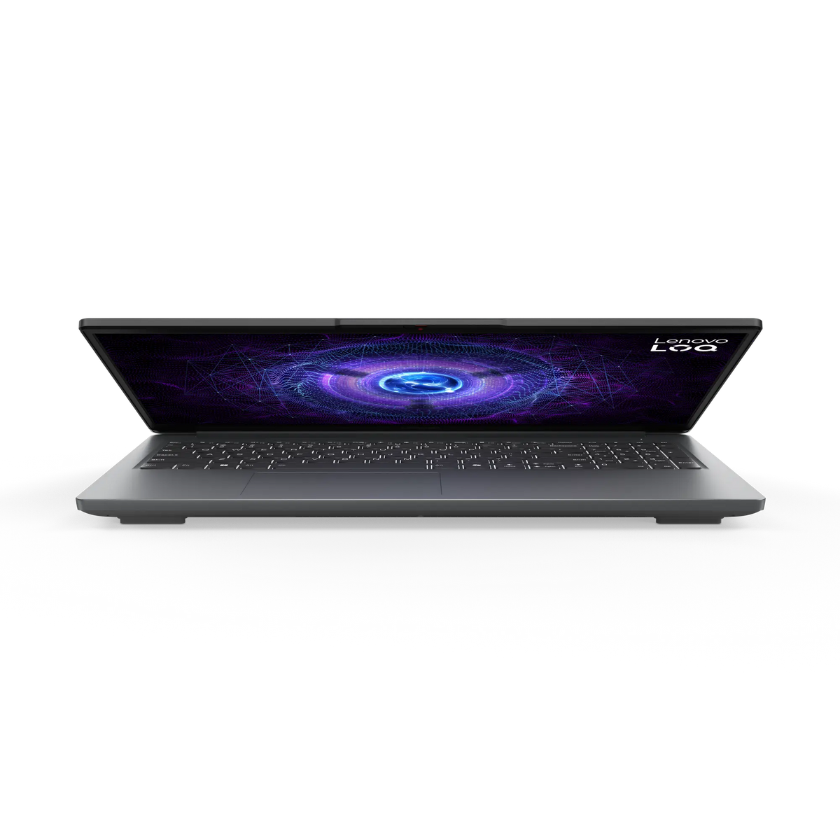 لابتوب LENOVO LOQ 15IAX9E من الأمام بزاوية منخفضة والغطاء مفتوح جزئيًا