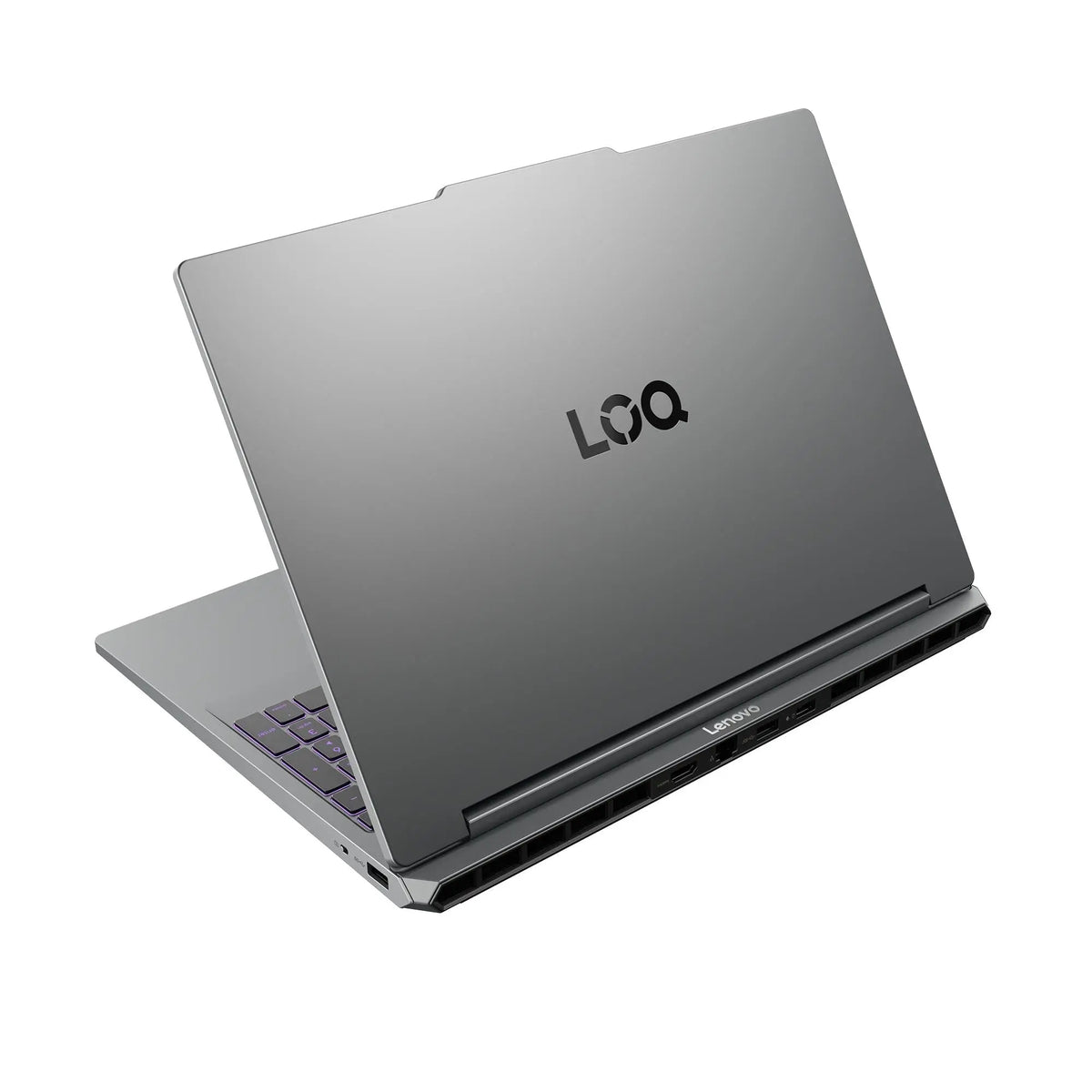 LENOVO LOQ 15IPH11 seen from behind at an angle from the right showing the rear vents