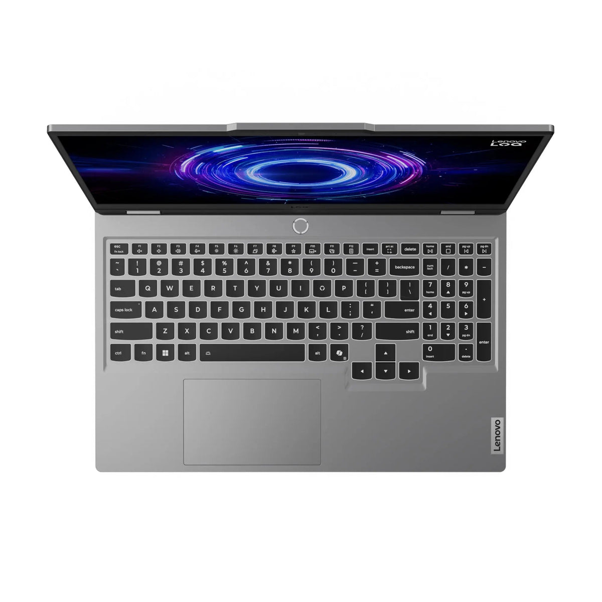 منظر علوي للوحة مفاتيح LENOVO LOQ 15IRX10 المضاءة بالأبيض ولوحة الأرقام ولوحة اللمس