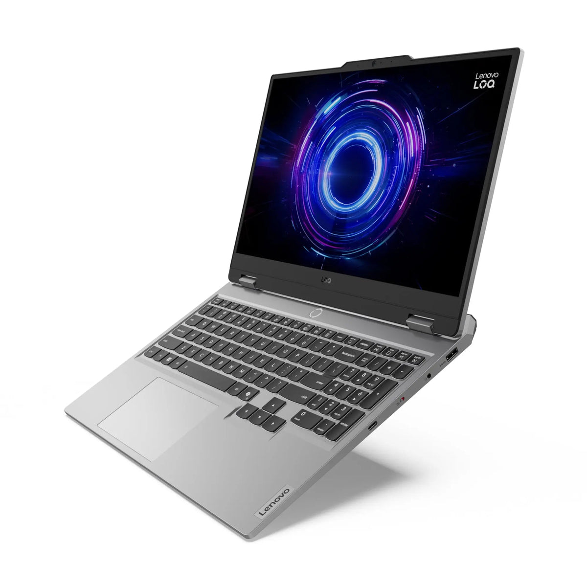 لابتوب LENOVO LOQ 15IRX10 مفتوح بزاوية جانبية تُظهر لوحة اللمس ومسند الراحة