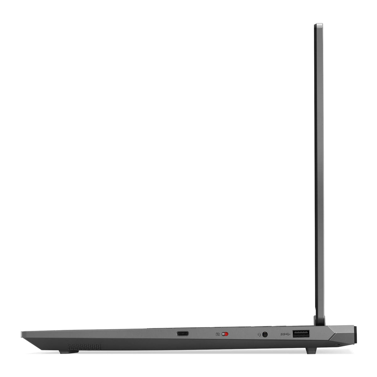Side profile of the LENOVO LOQ 15IRX9 with the screen upright, showing the side ports and the camera shutter switch