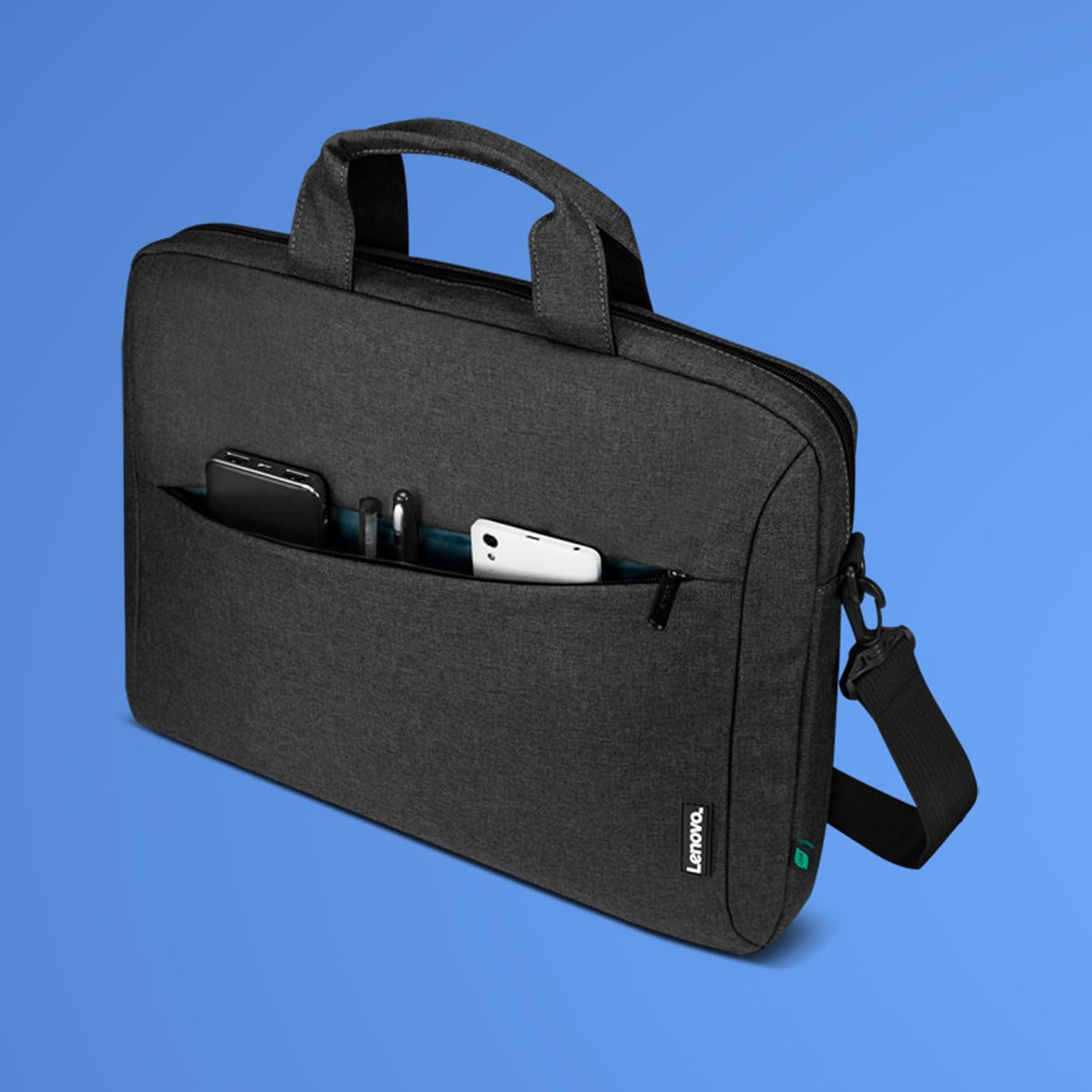 شنطة لابتوب لينوفو T210 ECO بلون Black مع الجيب الأمامي مفتوحًا