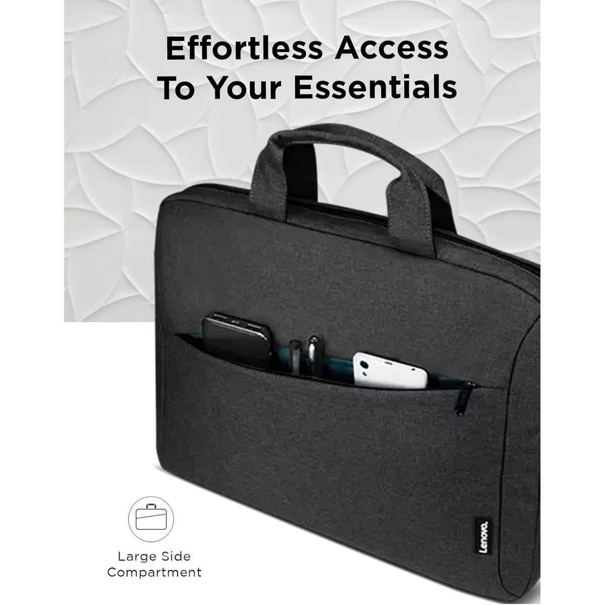 Lenovo T210 15.6-inch Laptop Casual Toploader in Black, with the large front pocket open