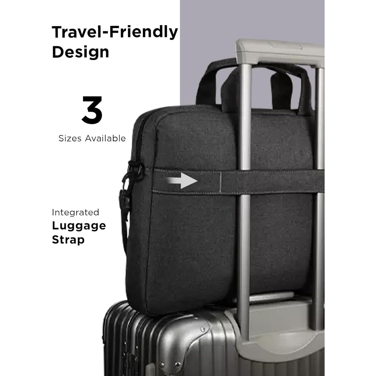 Lenovo T210 15.6-inch Laptop Casual Toploader in Black, on a suitcase handle with the luggage strap