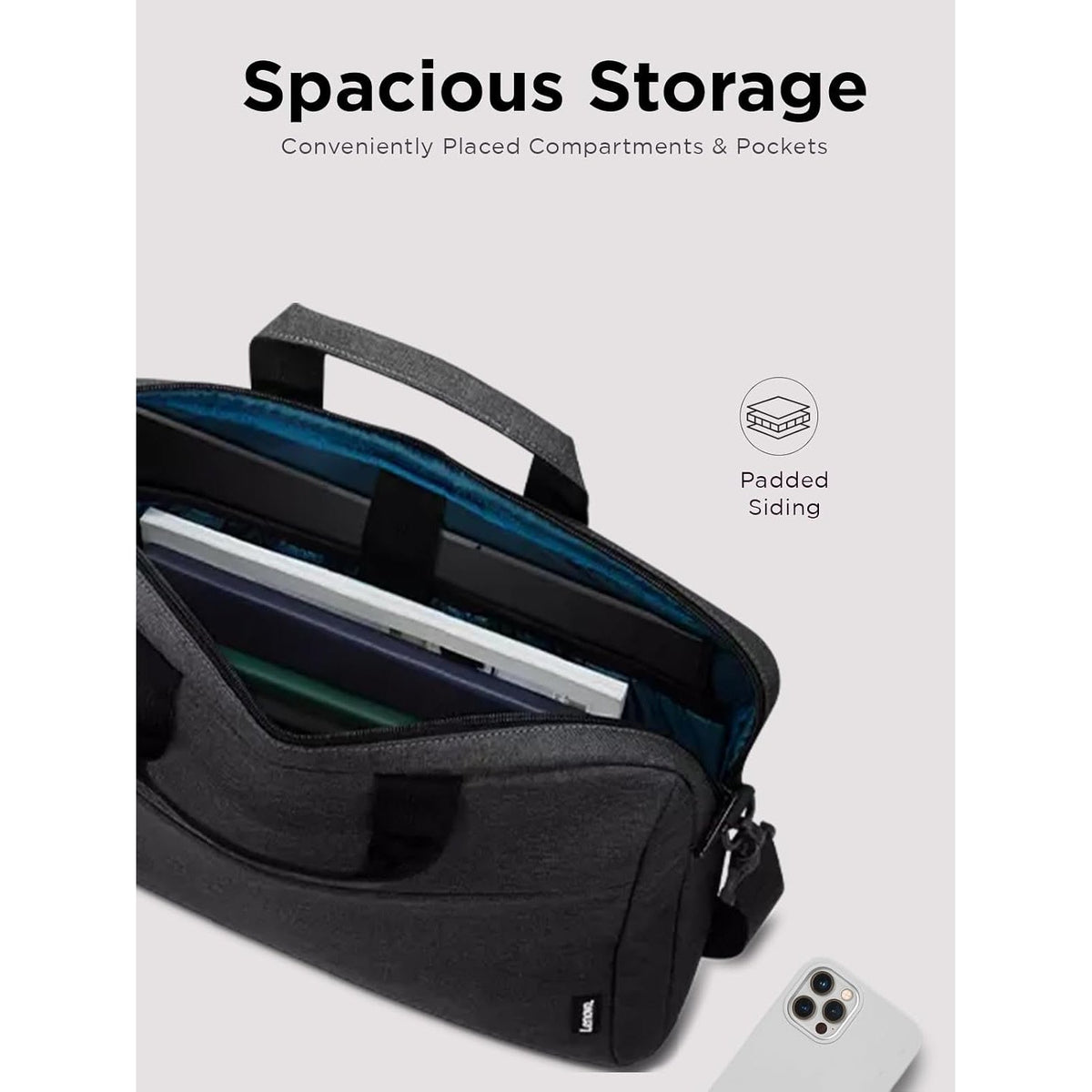 Lenovo T210 15.6-inch Laptop Casual Toploader in Black, with the padded laptop compartment open