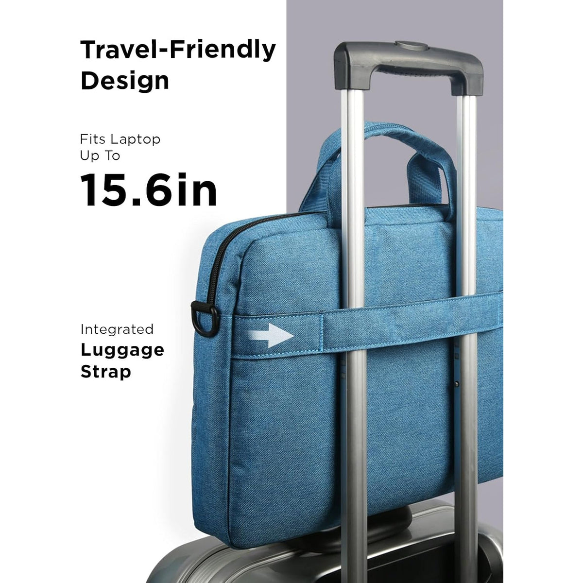 Lenovo T210 15.6-inch Laptop Casual Toploader in Blue, on a suitcase handle with the luggage strap