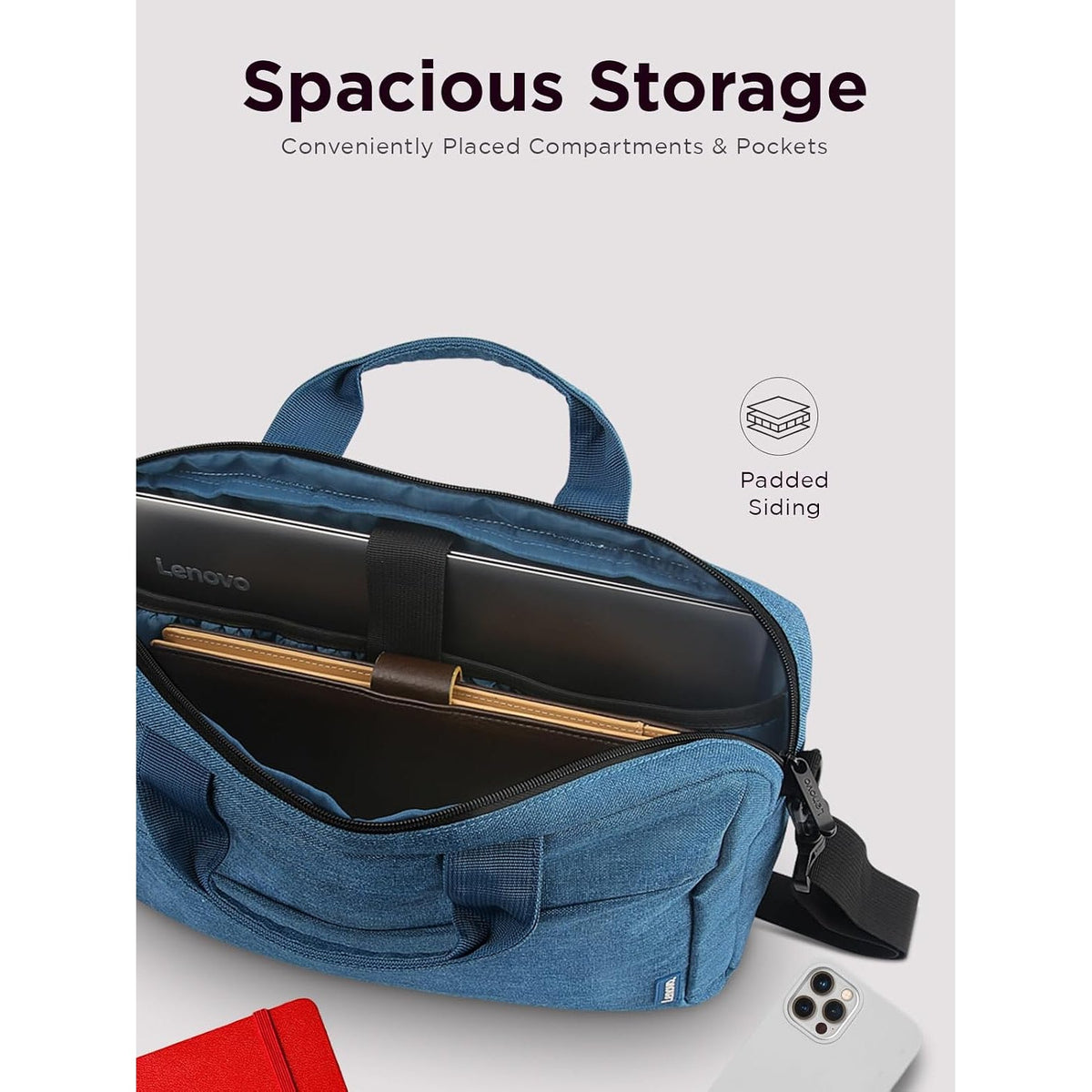 Lenovo T210 15.6-inch Laptop Casual Toploader in Blue, with the padded laptop compartment open