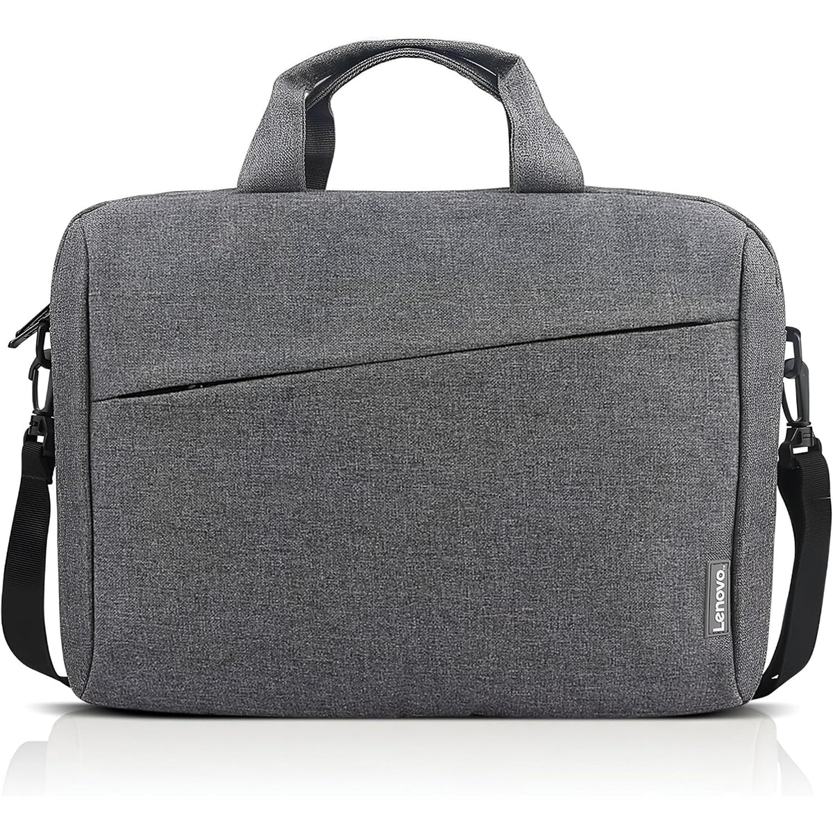 Lenovo T210 15.6-inch Laptop Casual Toploader in Gray, front view with shoulder strap