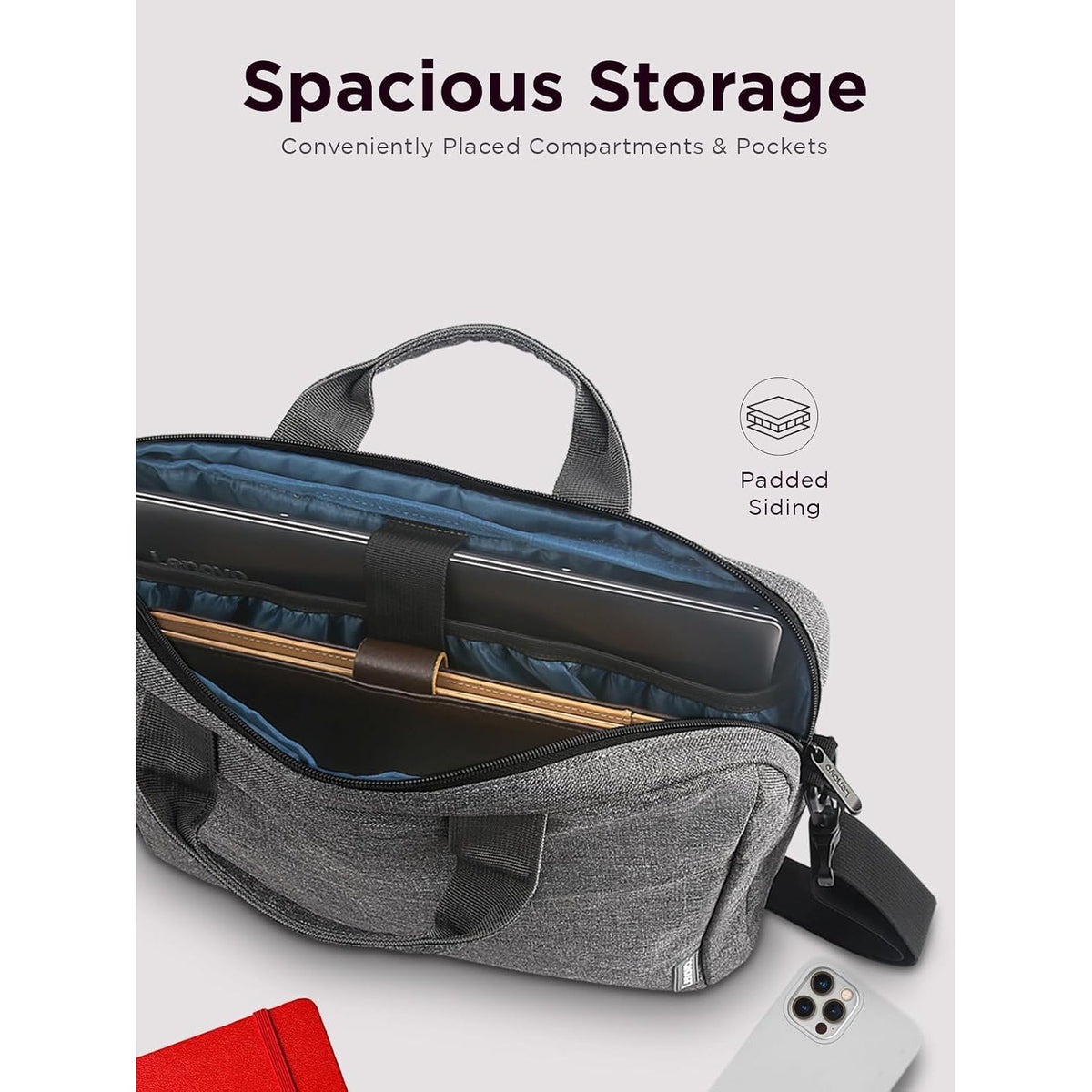 Lenovo T210 15.6-inch Laptop Casual Toploader in Gray, on a suitcase handle with the luggage strap