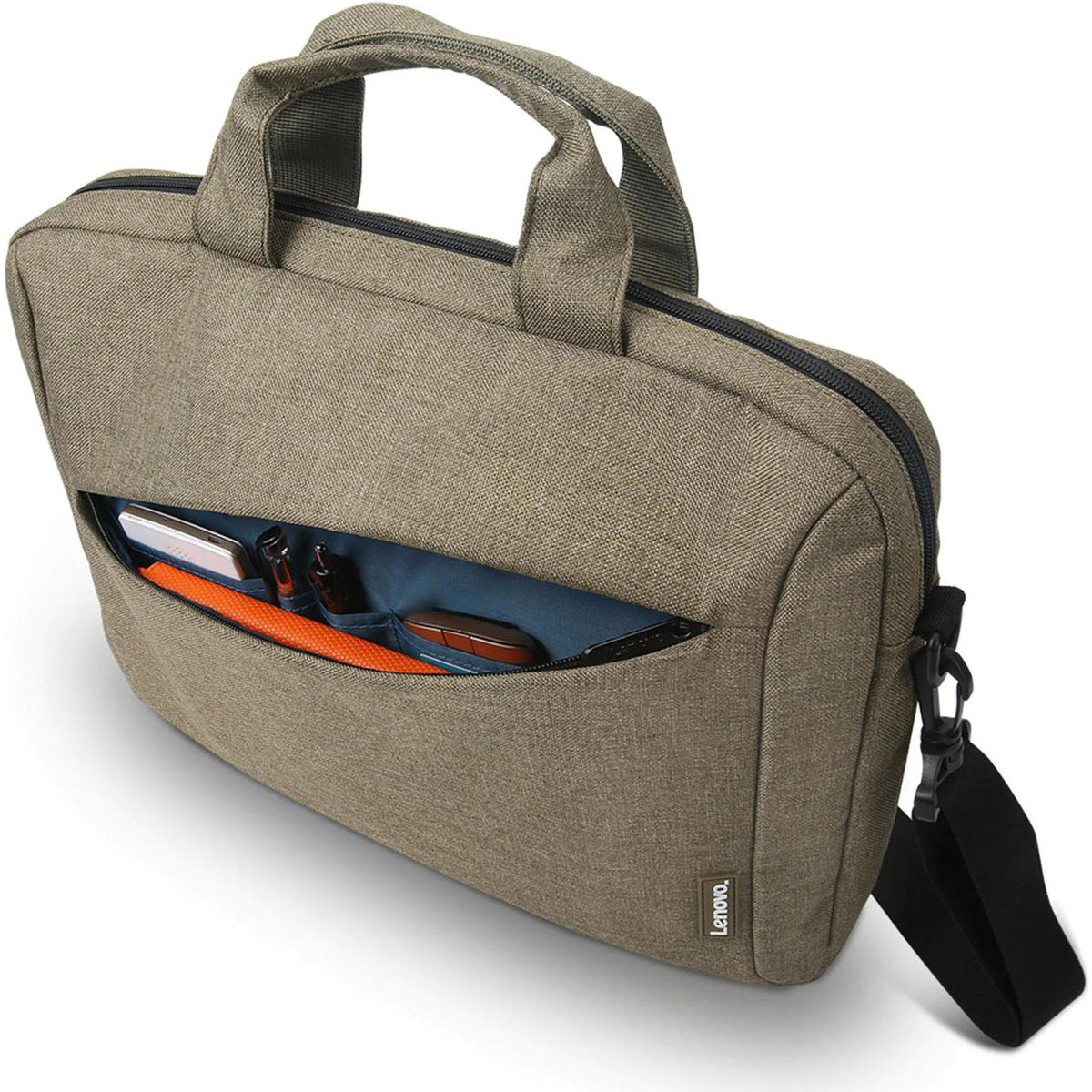 Lenovo T210 15.6-inch Laptop Casual Toploader in Green, with the large front pocket open