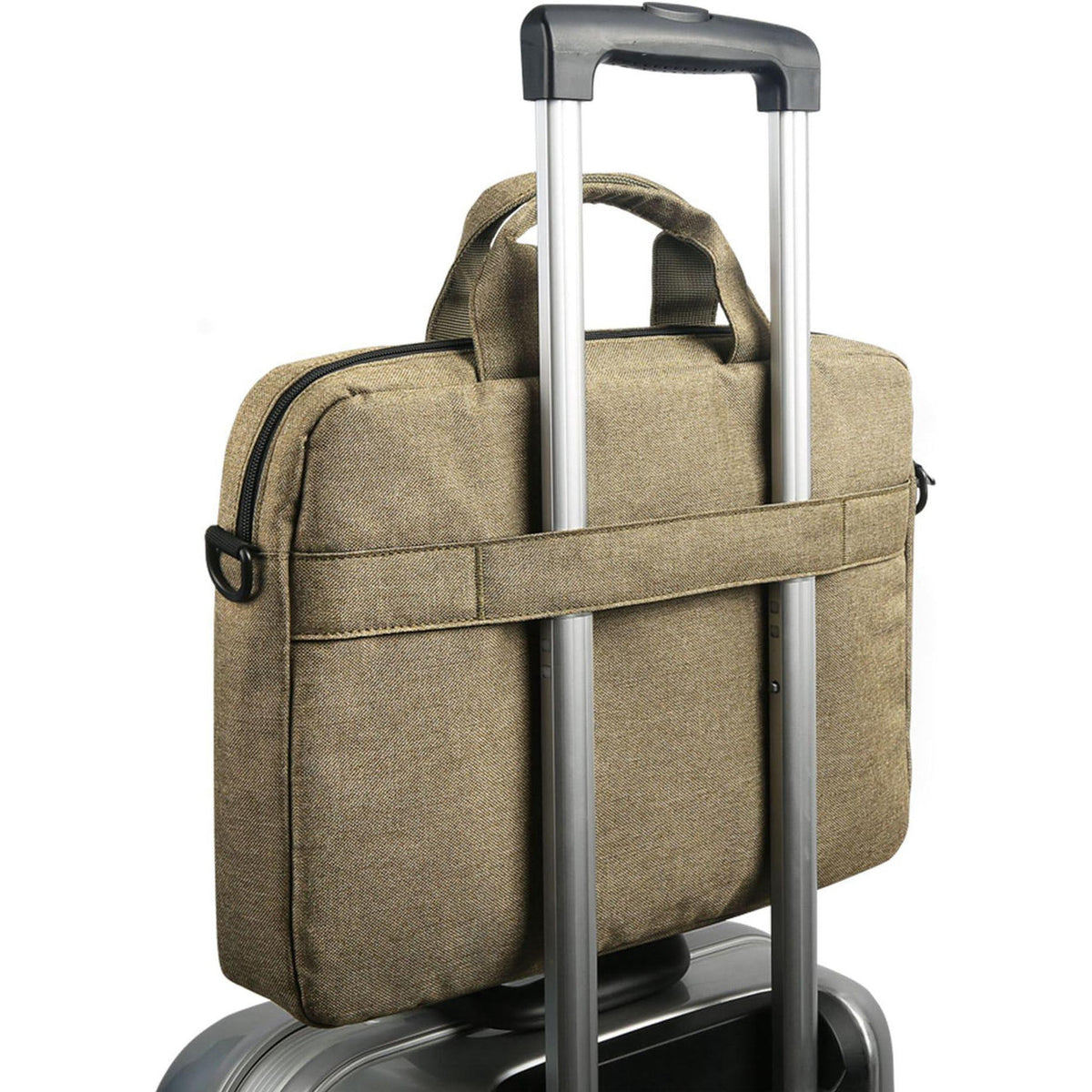 Lenovo T210 15.6-inch Laptop Casual Toploader in Green, on a suitcase handle with the luggage strap