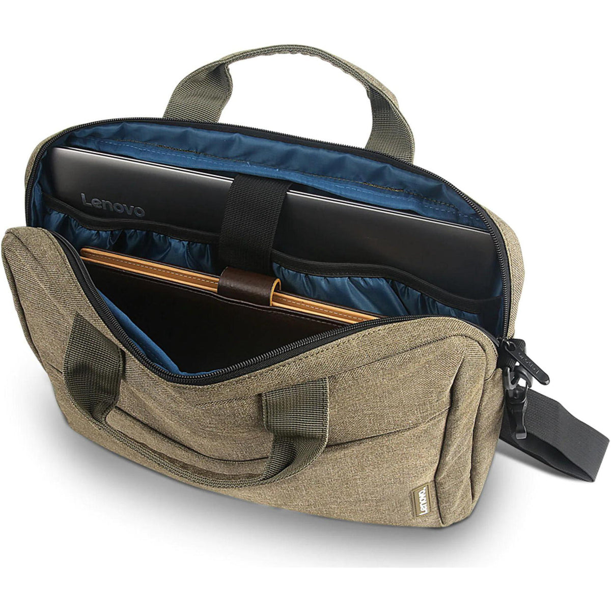 Lenovo T210 15.6-inch Laptop Casual Toploader in Green, with the padded laptop compartment open